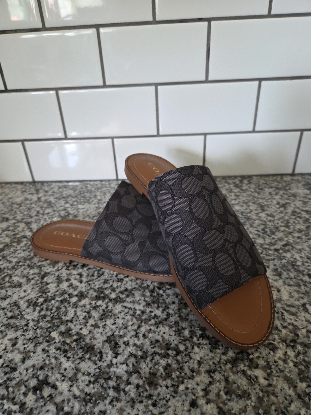 Coach Hazel Gray Signature Slide Sandals with Tan Footbed - Picture 2 of 6